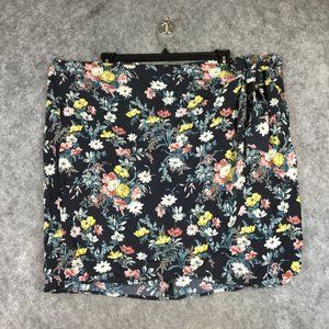 LOFT Plus Skirt 26 Floral Wrap Side Tie Lined Navy Blue Career Casual Straight